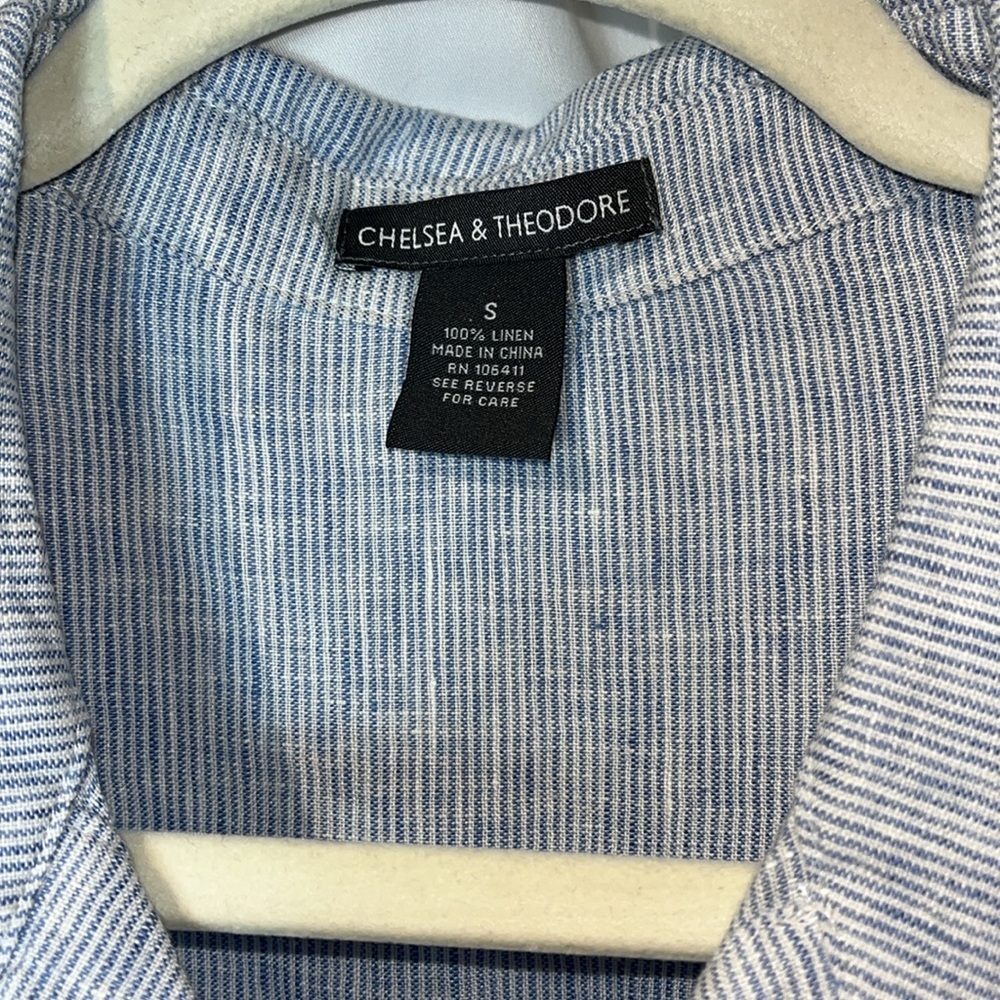 Chelsea & Theodore linen midi roll tab sleeve v neck dress Sz S blue/white - Picture 5 of 10
